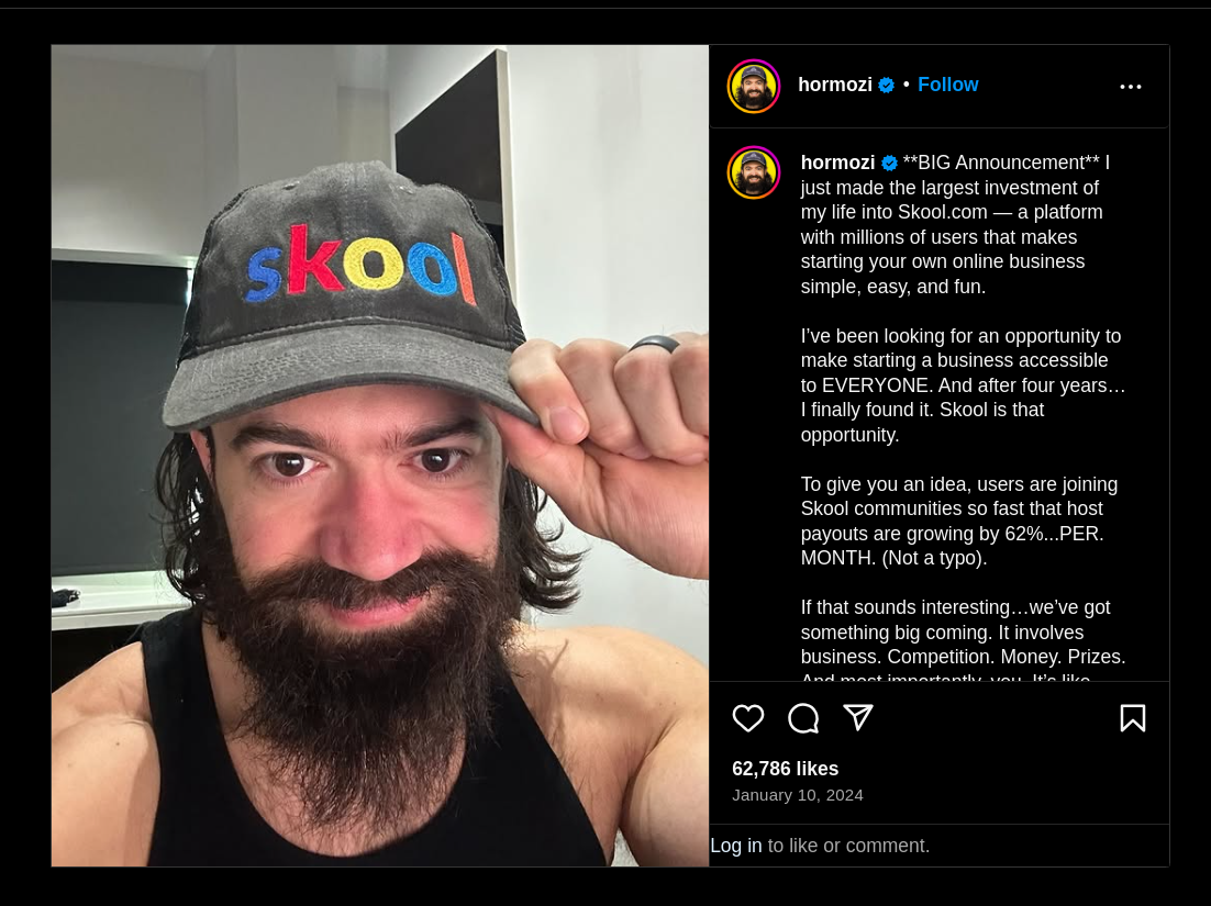 Alex Harmozi post on Instagram about his investment on Skool