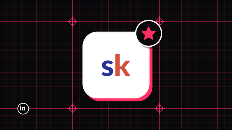 Skool app icon on a black grid with a pink star badge for the review