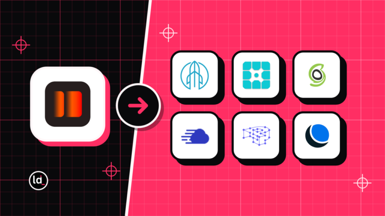 Kinsta icon on black with an arrow to Rocket.net, WP Engine, SiteGround and 3 more app icons on pink