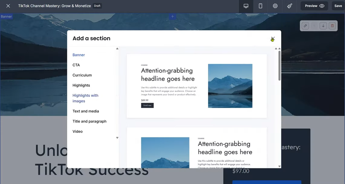 section templates in Thinkific