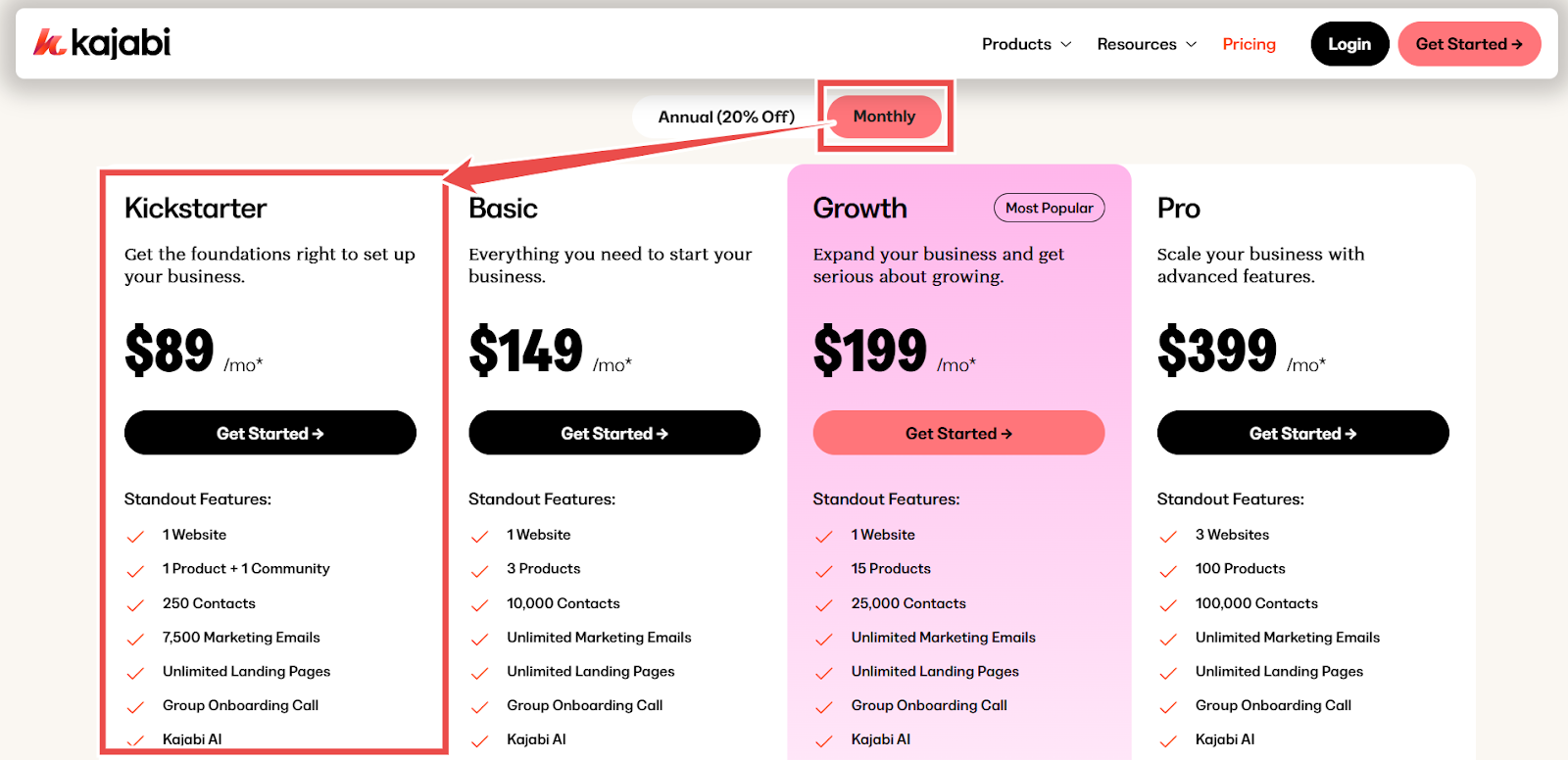 Kajabi pricing page