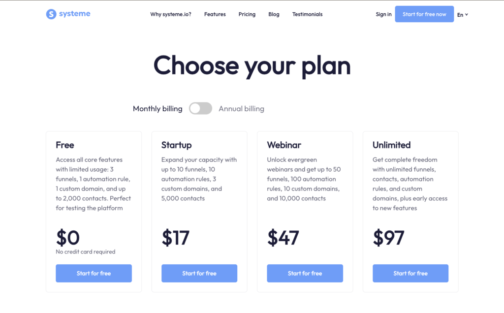 systeme pricing 2026