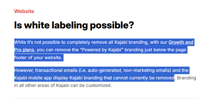 white-labelling in Kajabi limited to Growth and Pro plans
