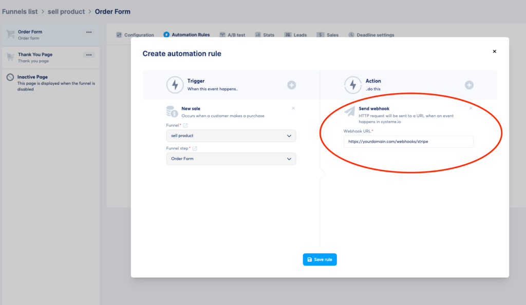 Adding a webhook URL as an automation role inside your funnel builder in systeme.io