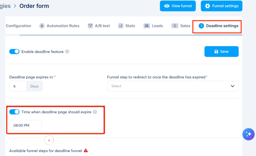 Systeme.io deadline funnel feature and settings