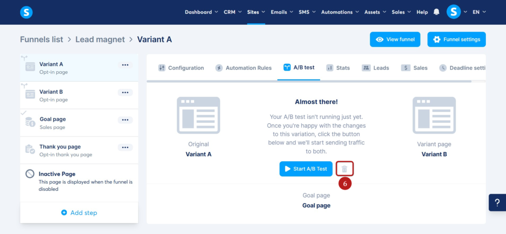 A/B testing inside the Systeme funnel builder