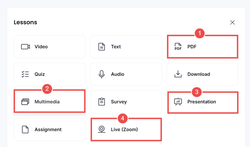 Various lesson types you can create with Thinkific Course Builder