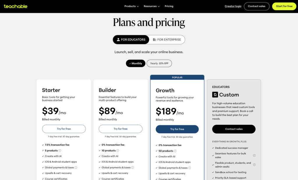 Teachable pricing page
