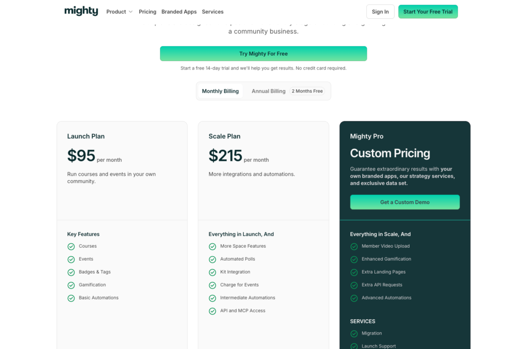 MightyNetworks pricing page