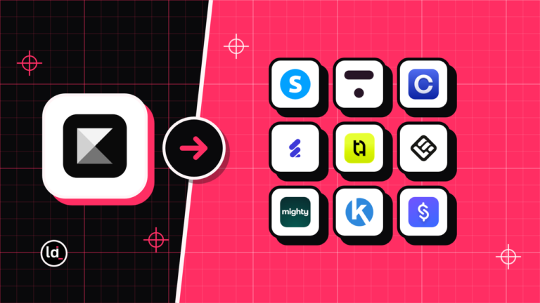 Kajabi icon on black with an arrow to Systeme.io, Thinkific, Circle and 6 more app icons on pink