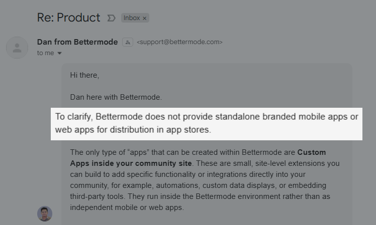 support email from bettermode clarifying they don't offer branded mobile apps.