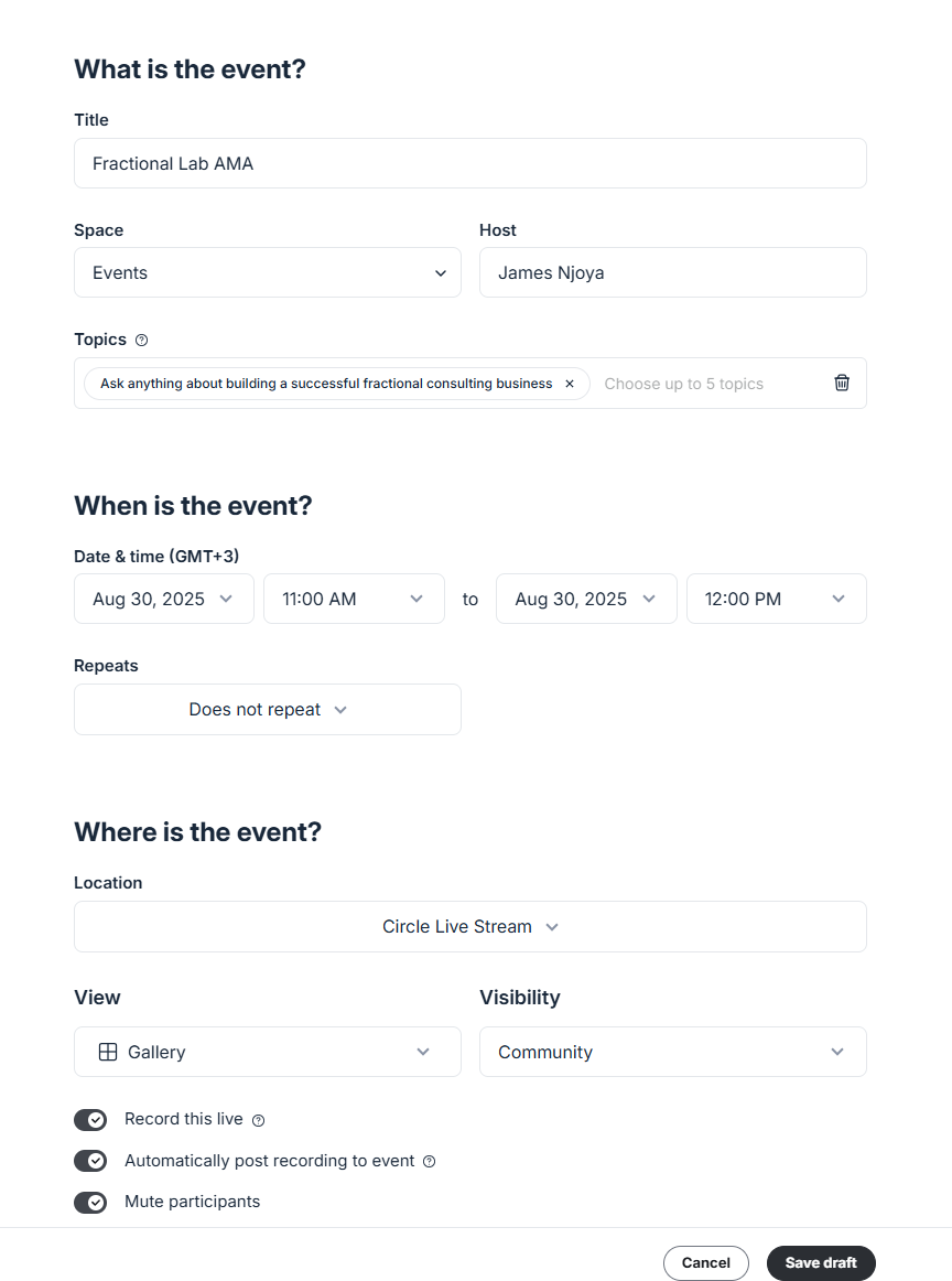 creating events in Circle