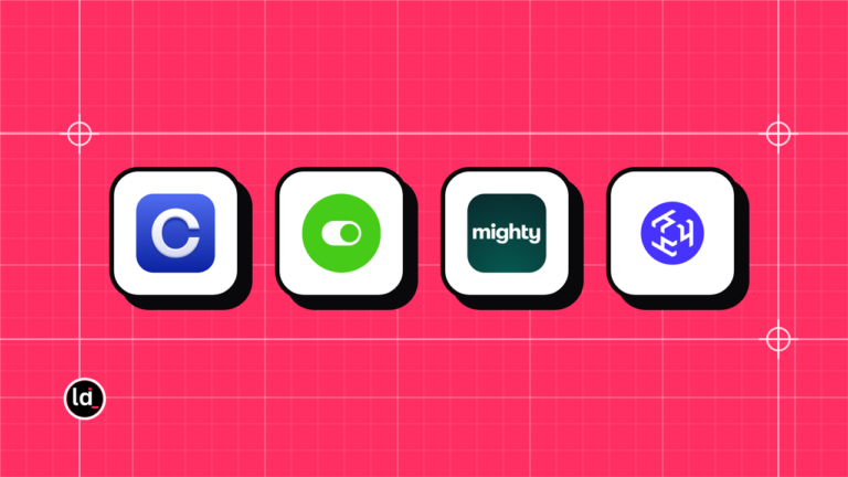4 app icons in a grid on a pink blueprint background: Circle, Bettermode, Mighty Networks, Hivebrite