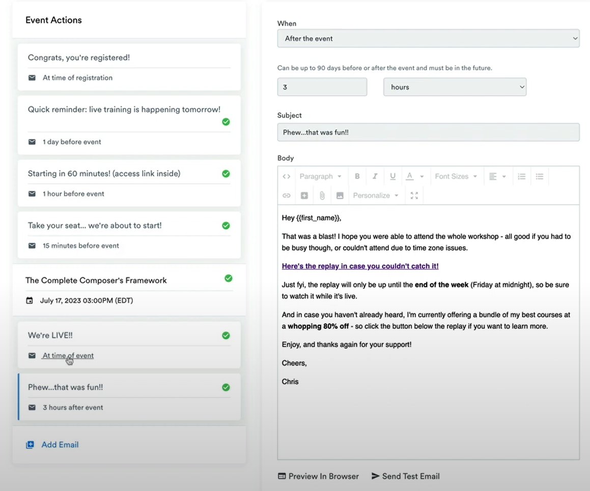 Kajabi's events email workflow