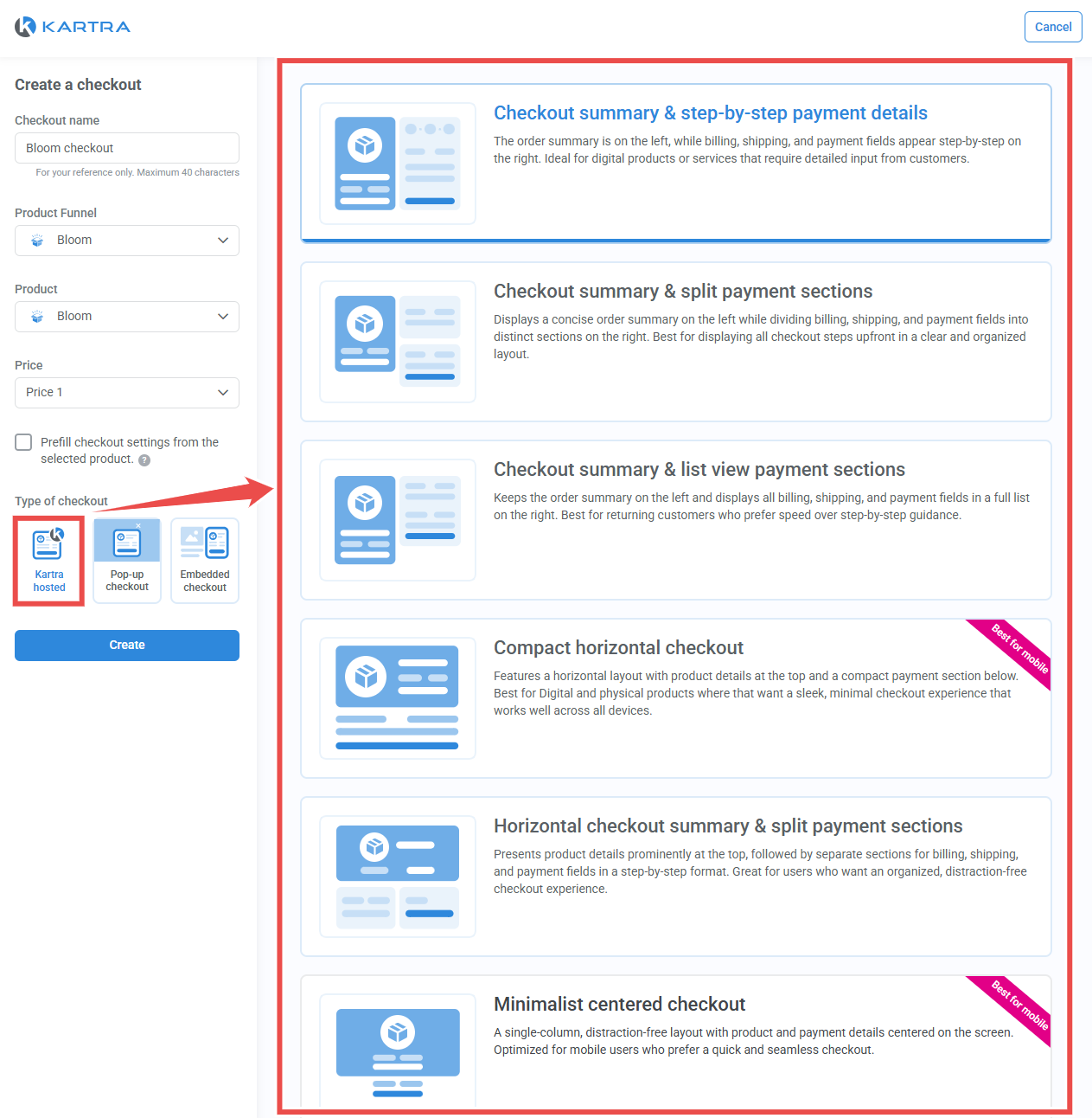 Kartra's checkout formats