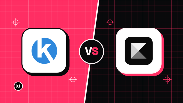 Kartra and Kajabi app icons on a split pink and black background with a VS badge between them