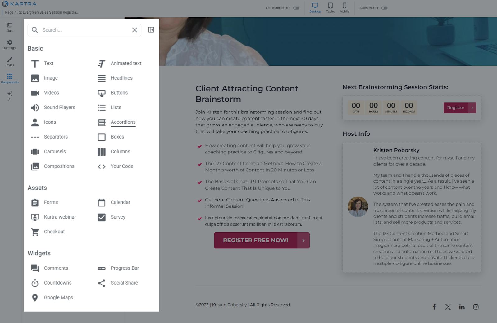 various elements yu can add into your page design in Kartra