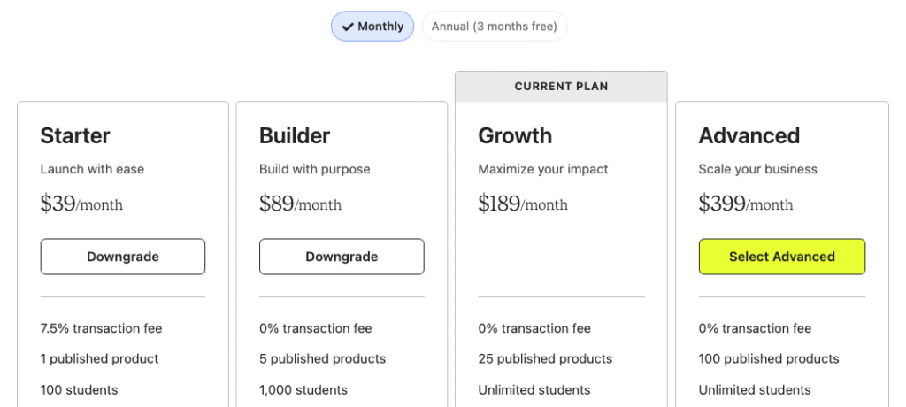 Teachable pricing page