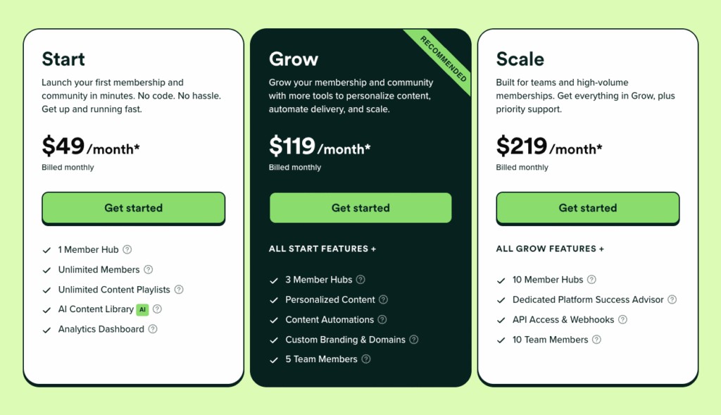 Membership io pricing page