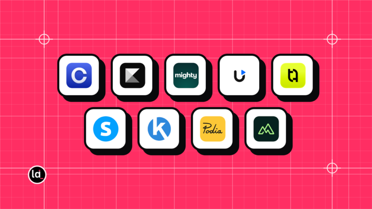 9 app icons including Circle, Kajabi, Mighty Networks in a grid on a pink blueprint background