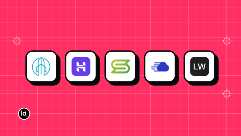 5 app icons in a grid on a pink blueprint background: Rocket.net, Hostinger, ScalaHosting, Cloudways, Liquid Web