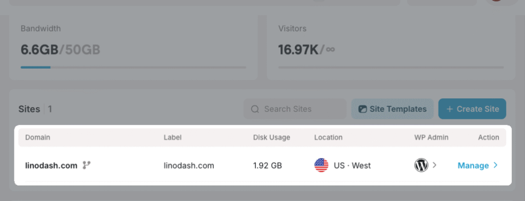 Rocket.net hosting dashboard.