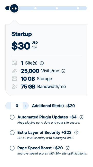 WP Engine pricing page highlighting extra charges for Managed WAF, automated plugin updates, and Page Speed Boost