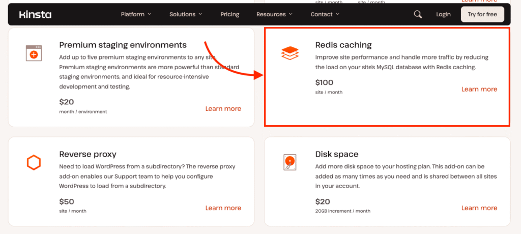 Kinsta add-ons page showing Redis caching priced at $100 per site per month
