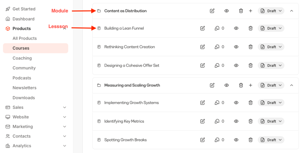 course modules and lessons