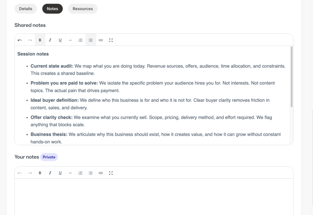 Coaching shared session notes