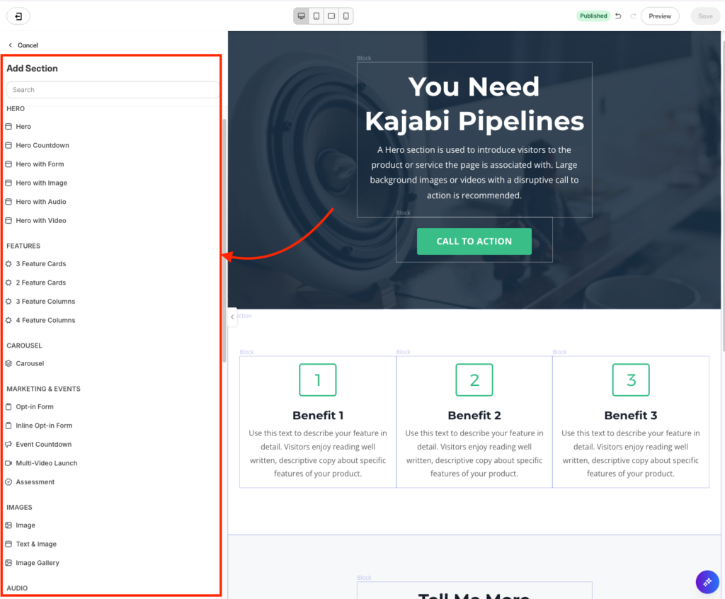 sections and blocks you can add in Kajabi's page builder