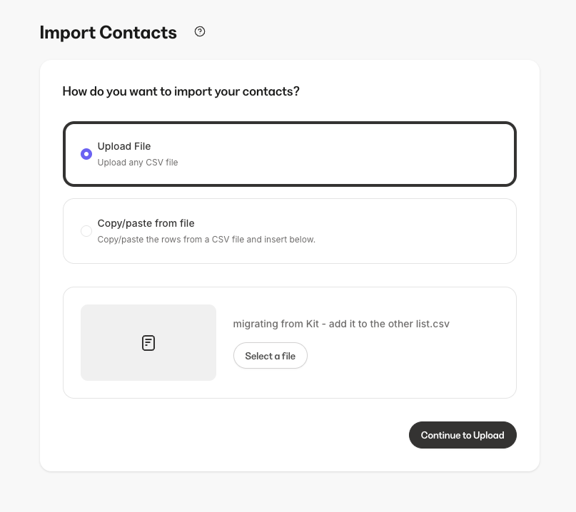 methods to import contacts in Kajabi via CSV file upload or copy/pasting the file