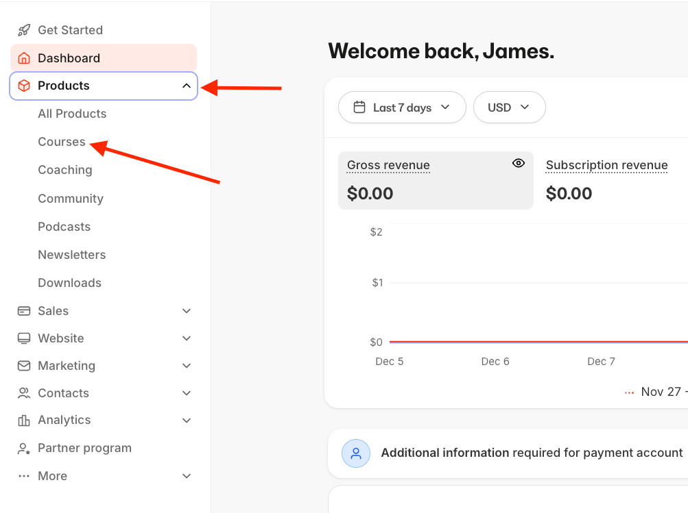 Kajabi UI, click a drop down menu to review all the items