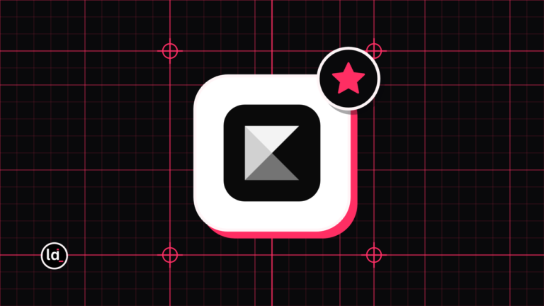Kajabi app icon on a black grid with a pink star badge for the review