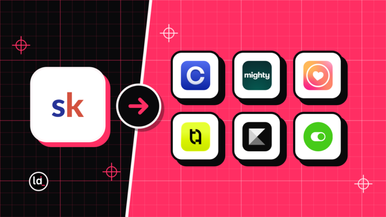 Skool icon on black with an arrow to Circle, Mighty Networks, Heartbeat and 3 more app icons on pink