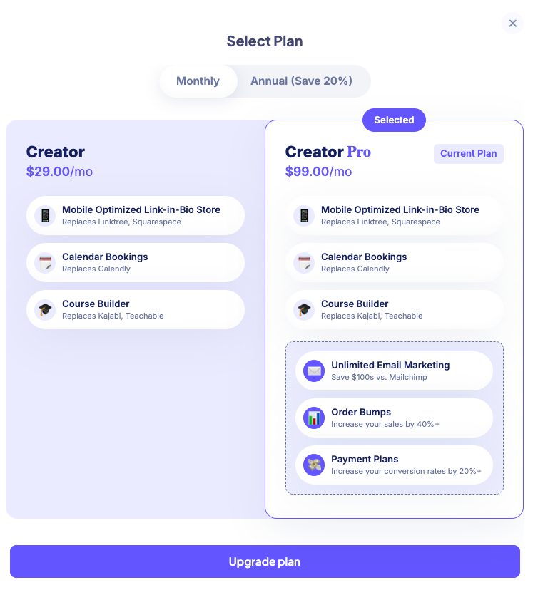 stan store pricing page