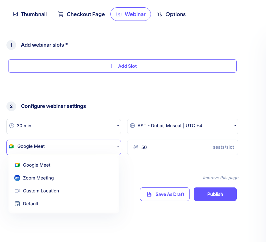 adding slots and configuring webinar seats