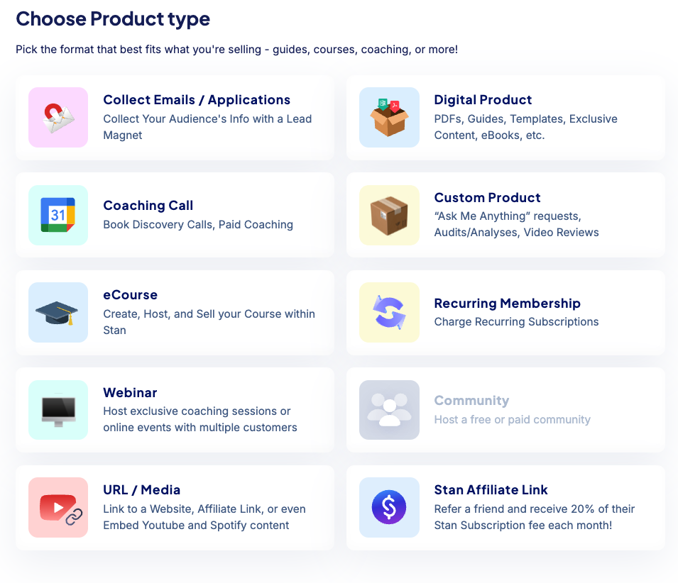 various product types you can sell on Stan Store including courses, coaching, memberships, webinars and more