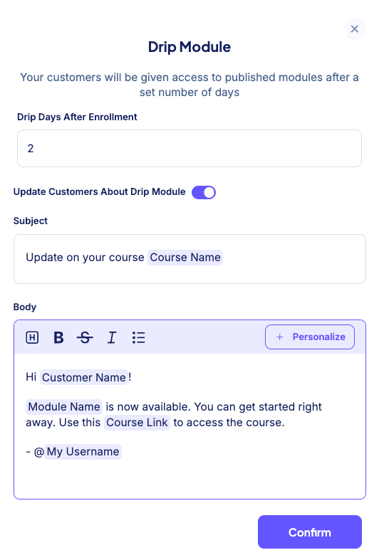 drip feeding course modules in Stan Store courses