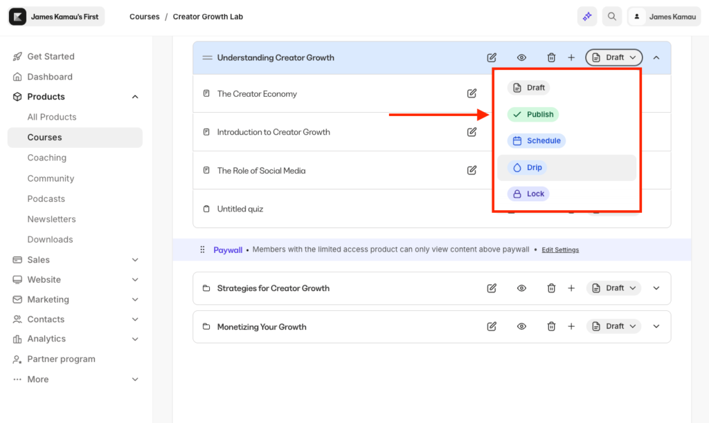 drip scheduling materials in kajabi courses