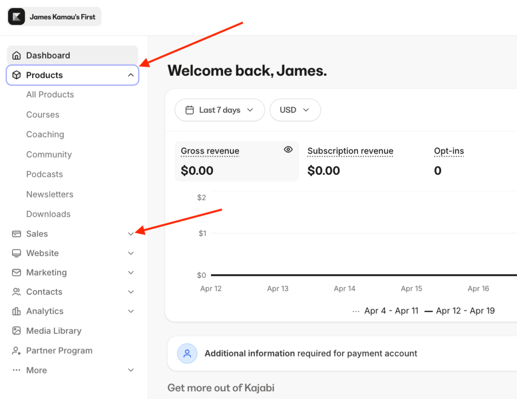 Kajabi sidebar with collapsible menu items.
