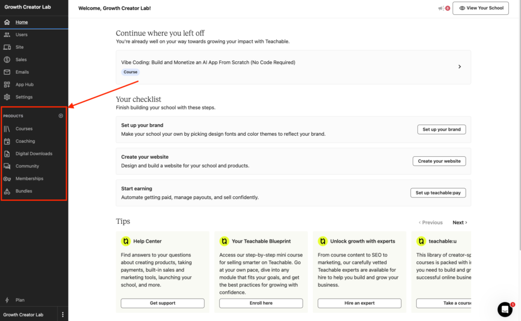 Teachable UI dashboard with product creation tools shoved below marketing tools