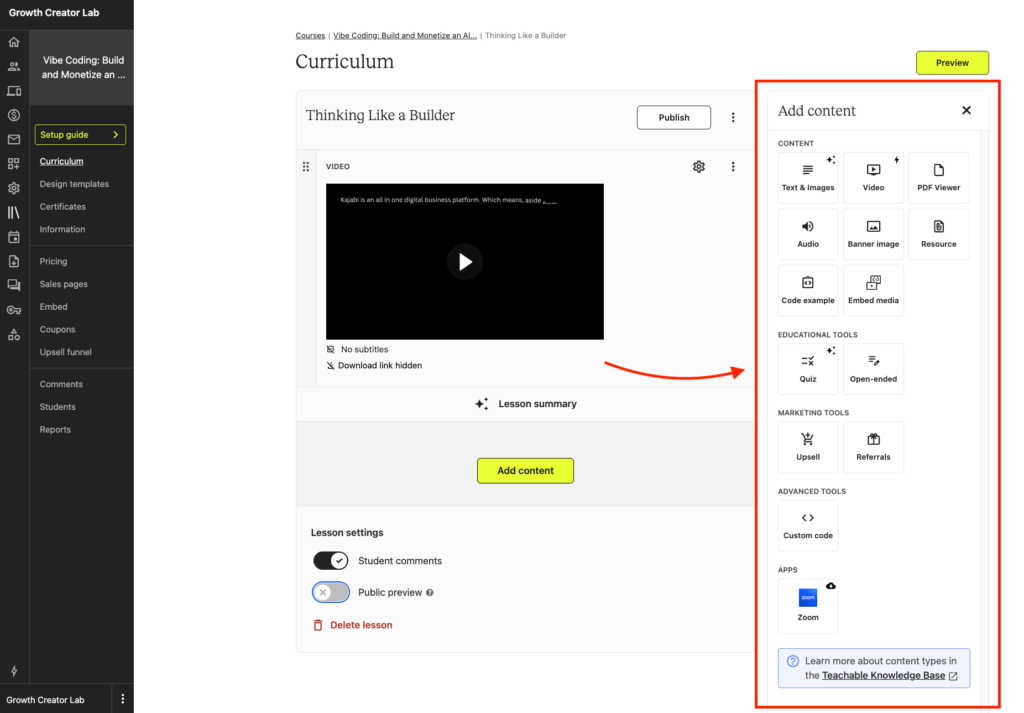 Teachable lesson builder and the various content you can add