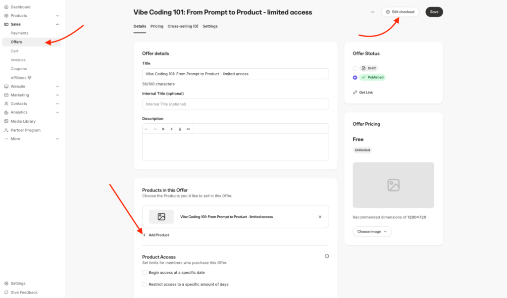 Configuring offers in Kajabi and the option to edit the checkout page of the product offer.