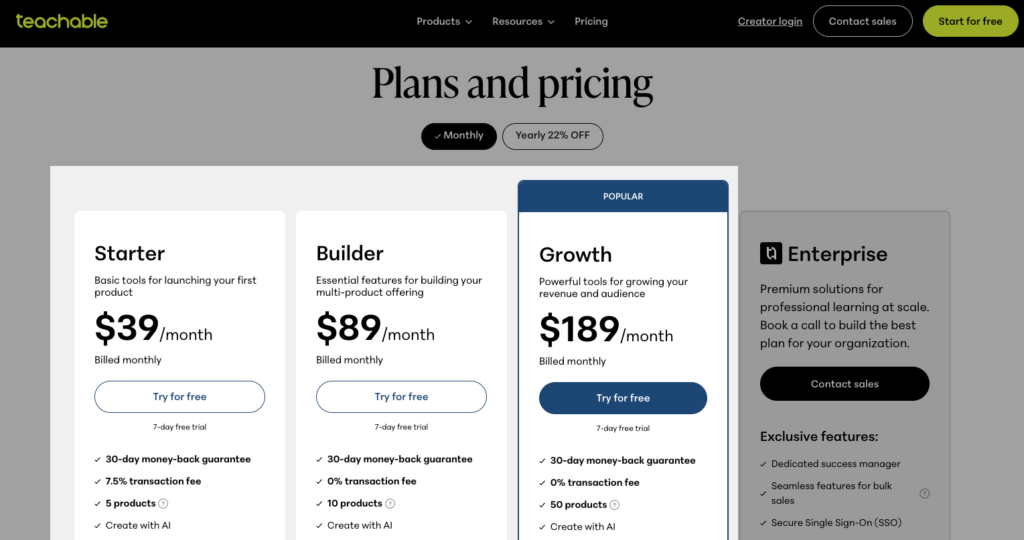 Teachable pricing tiers