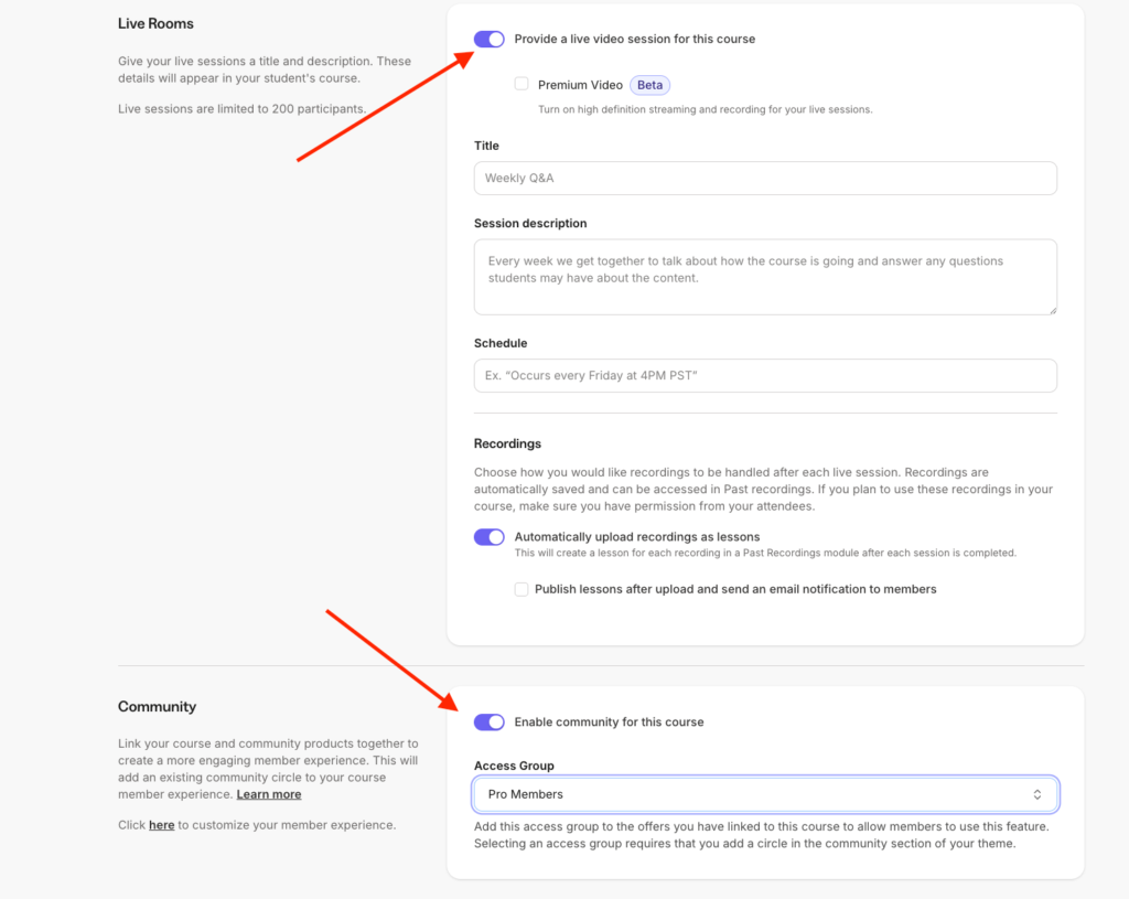 Live rooms and connecting a community to the course in kajabi.