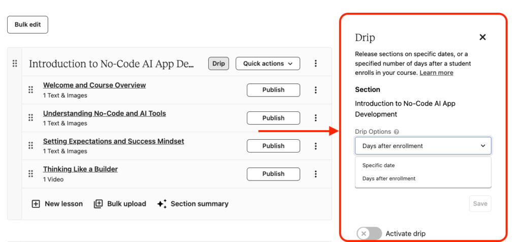Course drip scheduling in Teachable.