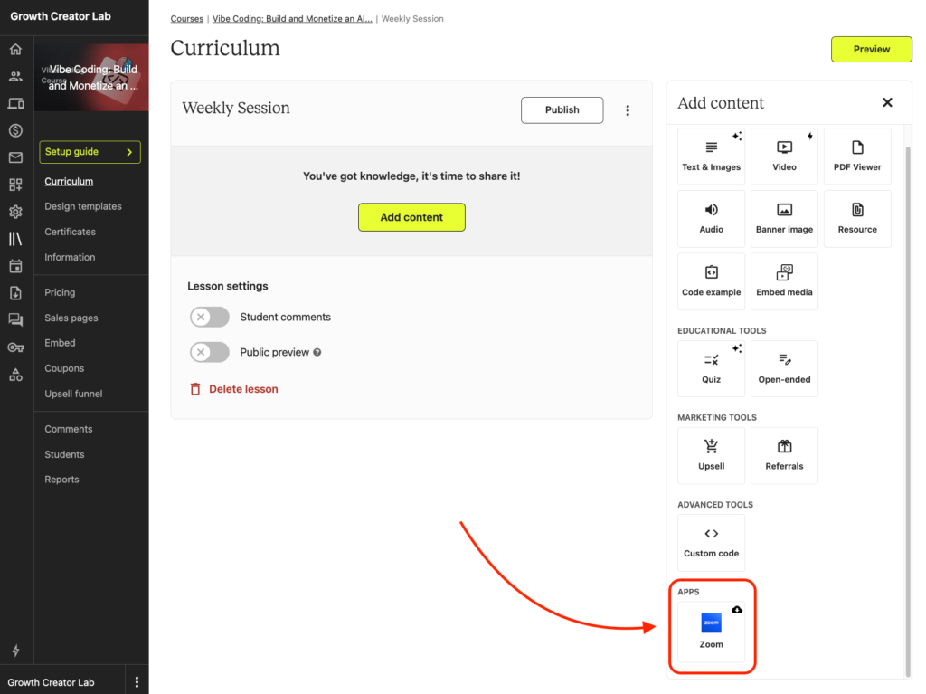 Zoom integration in Teachable