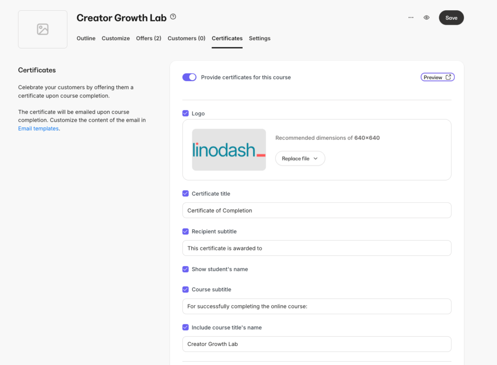 branded course certificates issuing in kajabi