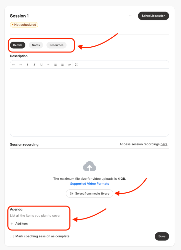 Coaching session creation in Kajabi.